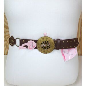Truelove Brown Brass & Leather Belt with Brass Studs & Buckle L 1 1/2" Wide